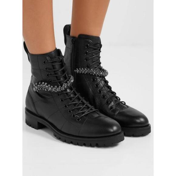JIMMY CHOO Cruz Flat Black Grainy Leather Combat Boots with Crystal Detail - Picture 1 of 16